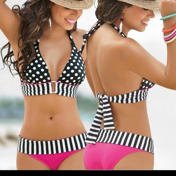 Dots Bikini Pink Polka Stripes Bikini Size Small - Picture 1 of 6